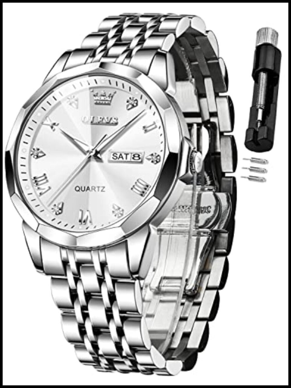 Men's Diamond Roman Numeral Dress Watch Stainless Steel Waterproof Luminous